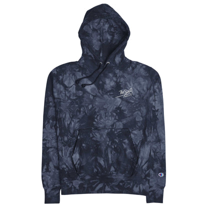 PapiJohn® 🏛️ Sala 5 | The Tie-Dye Reverse | Champion® Heritage — Front view of the Navy Tie-Dye Champion Reverse Weave® Hoodie. Featuring the classic PapiJohn® signature embroidered on the left chest over a unique marine tie-dye pattern evoking electric coastal skies. Authentic streetwear d'auteur curated in Cadifornia.