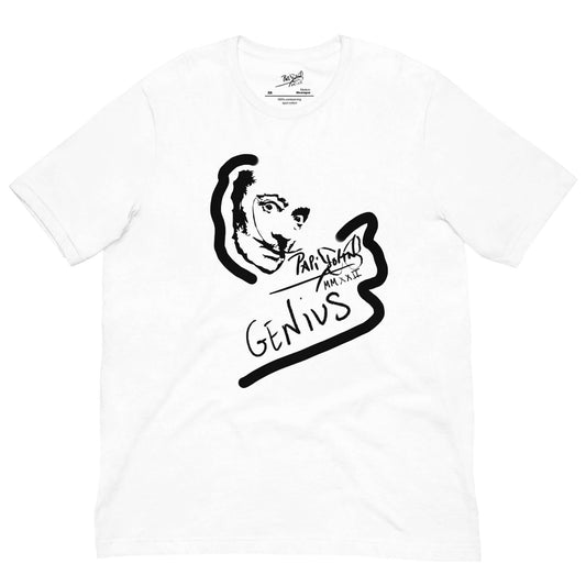PapiJohn® 🏛️ Sala 6 | Dalí Artgenius | Essential Sketch Piece — Front view of the White Canvas Tee. Showcasing a minimalist black stroke portrait of Salvador Dalí by $arah Free 💎, enhanced with a subtle graffiti halo. Featuring the handwritten "GENIUS" and the classic PapiJohn® signature rhythmically rising near the iconic mustache. High-end conscious honest luxury streetwear curated in Cadifornia.
