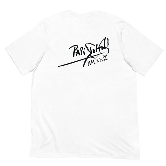 PapiJohn® 🏛️ Sala 6 | Dalí Artgenius | Essential Sketch Piece — Back view of the White Canvas Tee. Displaying the classic PapiJohn® icon signature confidently anchoring the upper back. A clean, hypnotic balance that completes this surrealist honest luxury archive piece, breaking the cage of logic for the real ones.