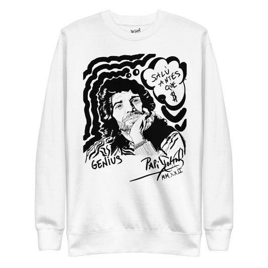 PapiJohn® 🏛️ Sala 6 | Eternal Salú | Pop-Art Essential Piece — Front view of the Premium White Crew Canvas. Featuring an introspective portrait of the Island Genius by $arah Free 💎, styled in exclusive Zebra Couture. A retro-graffiti thought bubble reads "SALÚ ANTES QUE $" amidst fanzine-style pop-art glow and handwritten soul. High-end conscious luxury streetwear curated in Cadifornia.