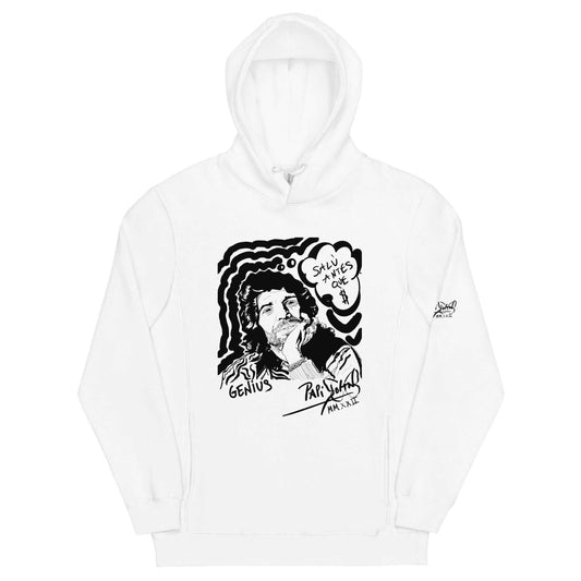 PapiJohn® 🏛️ Sala 6 | Eternal Salú | Pop-Art Essential Piece — Front view of the White Canvas Hoodie. Featuring an introspective portrait of the Island Genius by $arah Free 💎, styled in exclusive Zebra Couture. A retro-graffiti thought bubble reads "SALÚ ANTES QUE $" amidst fanzine-style pop-art glow and handwritten soul. High-end conscious luxury streetwear curated in Cadifornia.