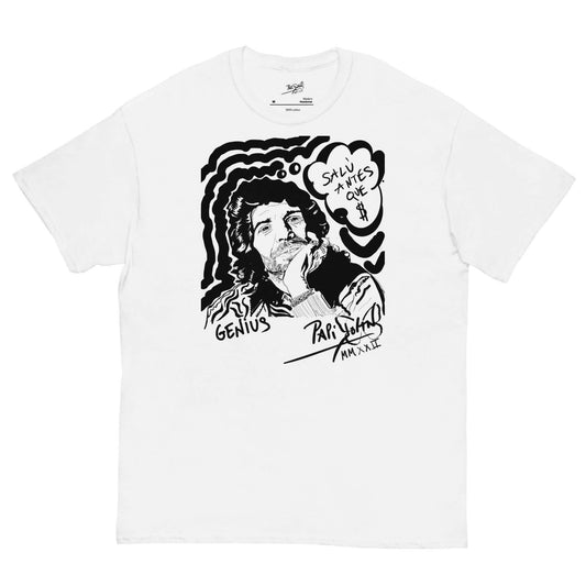 PapiJohn® 🏛️ Sala 6 | Eternal Salú | Pop-Art Essential Piece — Front view of the White Canvas Tee. Featuring an introspective portrait of the Island Genius by $arah Free 💎, styled in exclusive Zebra Couture. A retro-graffiti thought bubble reads "SALÚ ANTES QUE $" amidst fanzine-style pop-art glow and handwritten soul. High-end conscious luxury streetwear curated in Cadifornia.