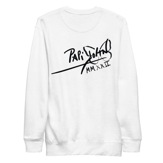 PapiJohn® 🏛️ Sala 6 | Eternal Salú | Pop-Art Essential Piece — Back view of the heavyweight Premium White Crew Canvas. Displaying the classic PapiJohn® icon signature confidently placed on the upper back. A clean, premium finish to this honest luxury archive tribute, reminding the real ones that health is the ultimate wealth.