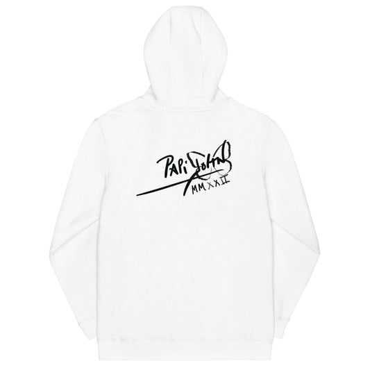 PapiJohn® 🏛️ Sala 6 | Eternal Salú | Pop-Art Essential Piece — Back view of the heavyweight White Canvas Hoodie. Displaying the classic PapiJohn® icon signature confidently placed on the upper back beneath the hood. A clean, premium finish to this honest luxury archive tribute, reminding the real ones that health is the ultimate wealth.