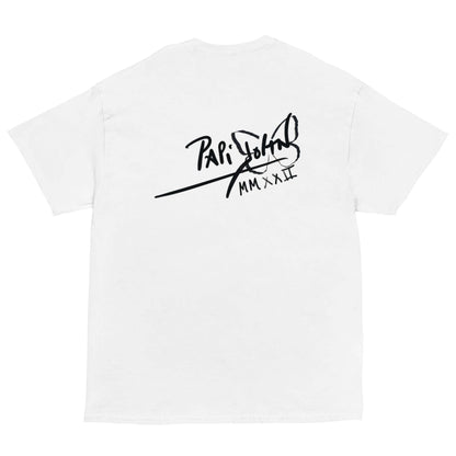PapiJohn® 🏛️ Sala 6 | Eternal Salú | Pop-Art Essential Piece — Back view of the White Canvas Tee. Displaying the classic PapiJohn® icon signature confidently placed on the upper back. A minimalist finish to this honest luxury archive tribute, reminding the real ones that health is the ultimate wealth.