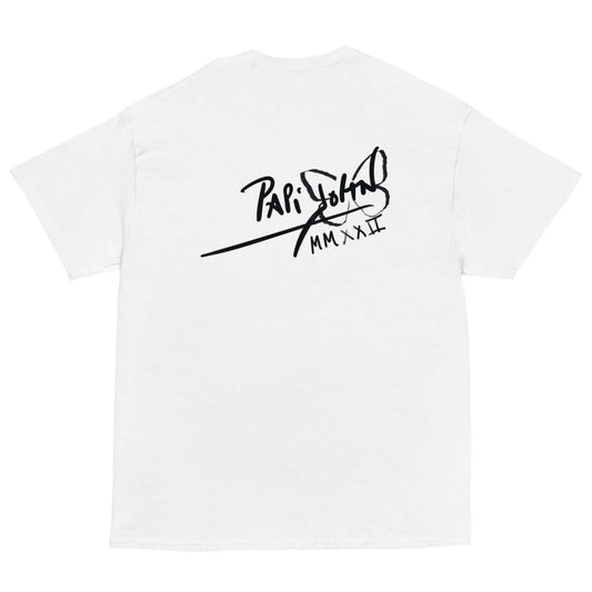 PapiJohn® 🏛️ Sala 6 | Eternal Salú | Pop-Art Essential Piece — Back view of the White Canvas Tee. Displaying the classic PapiJohn® icon signature confidently placed on the upper back. A minimalist finish to this honest luxury archive tribute, reminding the real ones that health is the ultimate wealth.