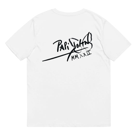 PapiJohn® 🏛️ Sala 6 | Genius Moon | Lunar Vision Canvas — Back view of the heavyweight Eco White Canvas Tee. Displaying the classic PapiJohn® icon signature confidently placed on the upper back. A minimalist, clean drape completing this cultural heritage piece, representing pure streetwear d'auteur for the real ones who know imagination has no limits.