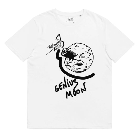 PapiJohn® 🏛️ Sala 6 | Genius Moon | Lunar Vision Canvas — Front view of the Eco White Canvas Tee. Featuring a masterful reinterpretation of Georges Méliès' iconic 1902 moon by $arah Free 💎. A cinematic tribute to the dreamers where fantasy meets reality. High-end conscious honest luxury and wearable art curated in the Cadifornia laboratory.