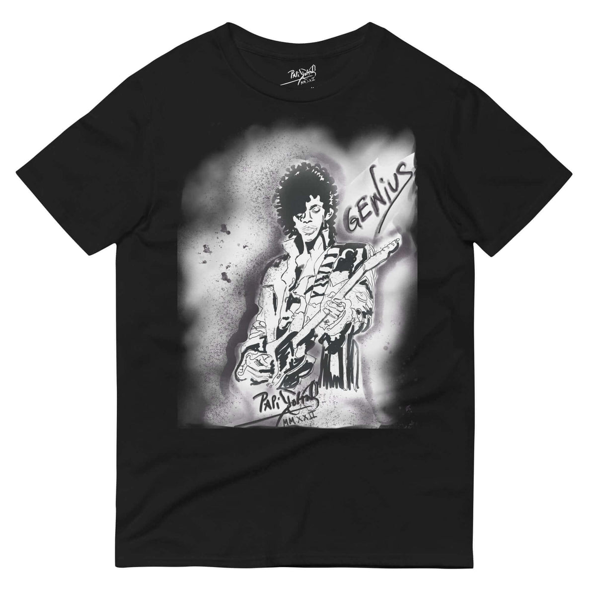 PapiJohn® 🏛️ Sala 6 | Genius Strings | Stage Ghost Piece — Front view of the Black Canvas Tee. Showcasing a central guitar performance capturing a musical genius in pure improvisation by $arah Free 💎. An ethereal smoke atmosphere creates scenic depth on the heavy black cotton, crowned by a floating handwritten "GENIUS" aura. Pure honest luxury archive apparel gestated in Cadifornia.