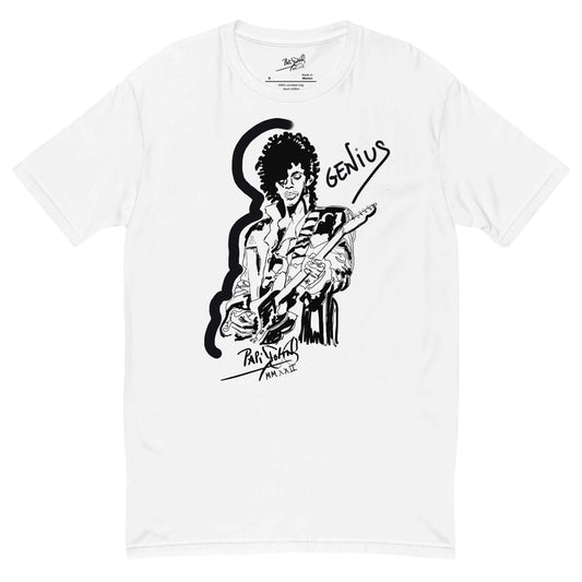 PapiJohn® 🏛️ Sala 6 | Guitar Genius Graff | Slim Studio Piece — Front view of the White Canvas Tee. Featuring the classic PapiJohn® signature anchoring the minimalist frontal design, serving as an authentic seal of the Double Signature Heritage. High-end conscious luxury and streetwear d'auteur curated in Cadifornia.