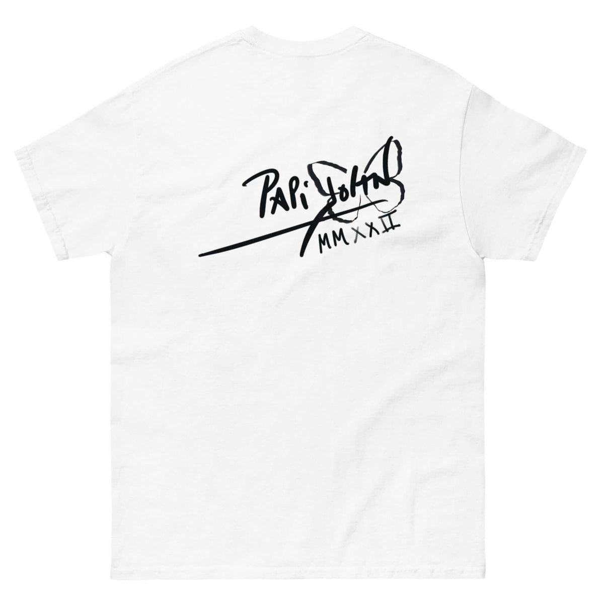 PapiJohn® 🏛️ Sala 6 | Low End Genius | Action Sketch Piece — Back view of the White Canvas Tee. Showcasing an out-of-the-box action portrait of a gravity-defying bass genius by $arah Free 💎. A masterful chiaroscuro jazz vibe merging fine pilot strokes with dense black graffiti spray on pure white cotton. Authentic conscious art and honest luxury streetwear gestated in Cadifornia.