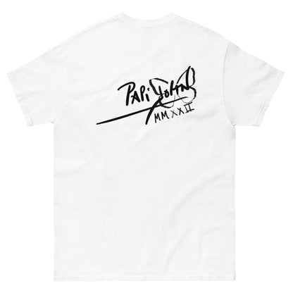 PapiJohn® 🏛️ Sala 6 | Low End Genius | Action Sketch Piece — Back view of the White Canvas Tee. Showcasing an out-of-the-box action portrait of a gravity-defying bass genius by $arah Free 💎. A masterful chiaroscuro jazz vibe merging fine pilot strokes with dense black graffiti spray on pure white cotton. Authentic conscious art and honest luxury streetwear gestated in Cadifornia.