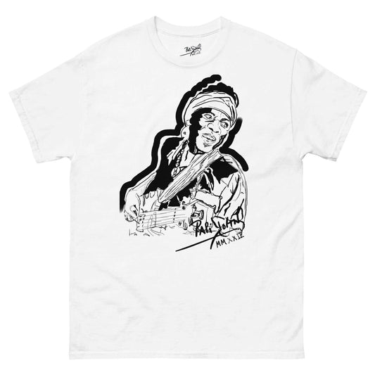 PapiJohn® 🏛️ Sala 6 | Low End Genius | Action Sketch Piece — Front view of the White Canvas Tee. Featuring the classic PapiJohn® signature on the left chest, anchoring the design as part of the Double Signature Heritage. High-end conscious luxury streetwear d'auteur curated in Cadifornia.
