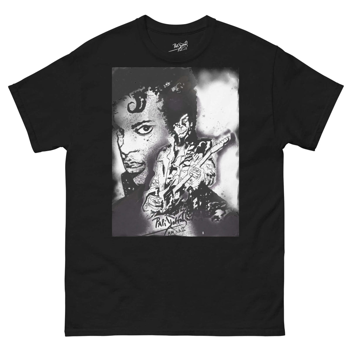 PapiJohn® 🏛️ Sala 6 | The Real Príncipe | Royal Etching Canvas — Front view of the absolute Black Canvas Tee. Featuring an ethereal monochrome performance of a musical genius playing the guitar by $arah Free 💎, projected over an imperfect white spray canvas. Anchored by the classic PapiJohn® heritage seal. Royal honest luxury and wearable art curated in Cadifornia.
