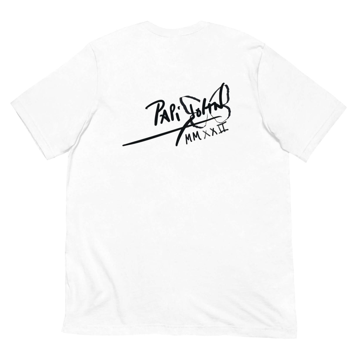 PapiJohn® 🏛️ Sala 7 | Morente Rolling | Rock-Tango Piece — Back view of the White Canvas Tee. Displaying the classic PapiJohn® icon signature boldly on the upper back. A minimalist finish to this honest luxury tribute honoring Enrique Morente and universal rock freedom.
