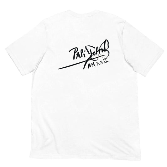 PapiJohn® 🏛️ Sala 7 | Morente Rolling | Rock-Tango Piece — Back view of the White Canvas Tee. Displaying the classic PapiJohn® icon signature boldly on the upper back. A minimalist finish to this honest luxury tribute honoring Enrique Morente and universal rock freedom.