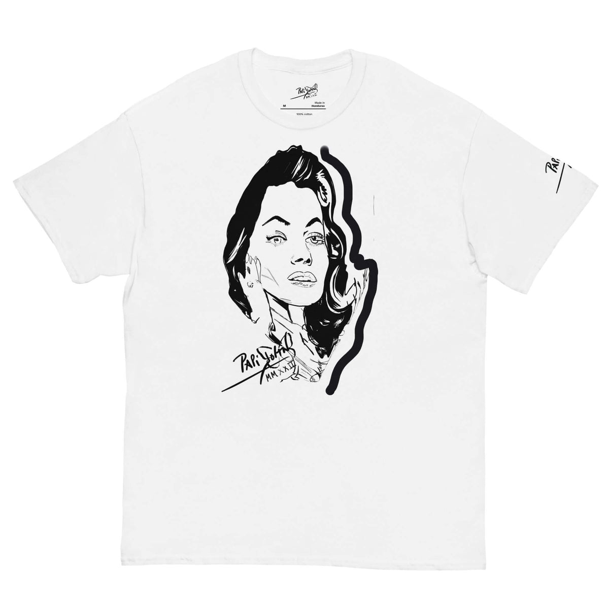 PapiJohn® 🏛️ Sala 8 | The Artpop Diva | Comic-Sketch Canvas — Front view of the White Canvas Tee. Showcasing an underground comic-style portrait by $arah Free 💎 with authentic ballpoint pen texture, comic highlights, and bold graffiti framing. The cinematic diva pose is anchored by a dual branding signature at the bottom and on the left sleeve. High-end honest luxury streetwear d'auteur curated in Cadifornia.
