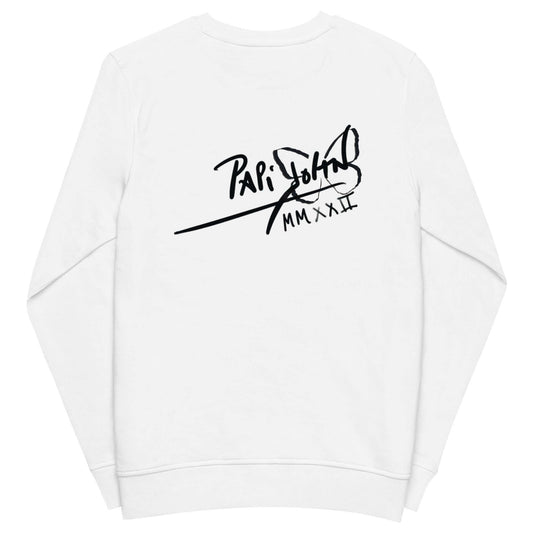 PapiJohn® 🏛️ Sala 8 | Diva Espejo | Eco-Terry White Piece — Back view of the heavyweight White Eco-Terry Canvas. Displaying the classic PapiJohn® icon signature confidently anchored on the upper back. A clean, minimalist drape that highlights the sustainable premium fabric, completing this honest luxury archive piece for the real ones.