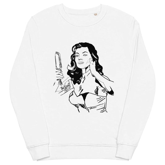 PapiJohn® 🏛️ Sala 8 | Diva Espejo | Eco-Terry White Piece — Front view of the premium White Eco-Terry Canvas. Featuring a sophisticated pilot-ink comic vibe artwork by $arah Free 💎, capturing a diva in a ritual of self-love looking into a mirror. A high-contrast minimalist statement of feminine empowerment, pop-art attitude, and honest luxury streetwear curated in Cadifornia.