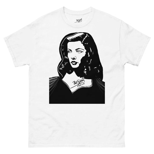 PapiJohn® 🏛️ Sala 8 | Diva Hollywood | Pop-Graff Piece — Front view of the White Canvas Tee. Featuring a Hollywood three-quarters portrait sculpted in solid black graffiti by $arah Free 💎. Showcasing the negative light technique where the pure white cotton creates natural highlights on the classic cinema waves. Anchored by the classic PapiJohn® signature on the diva's chest. High-end honest luxury streetwear curated in Cadifornia.