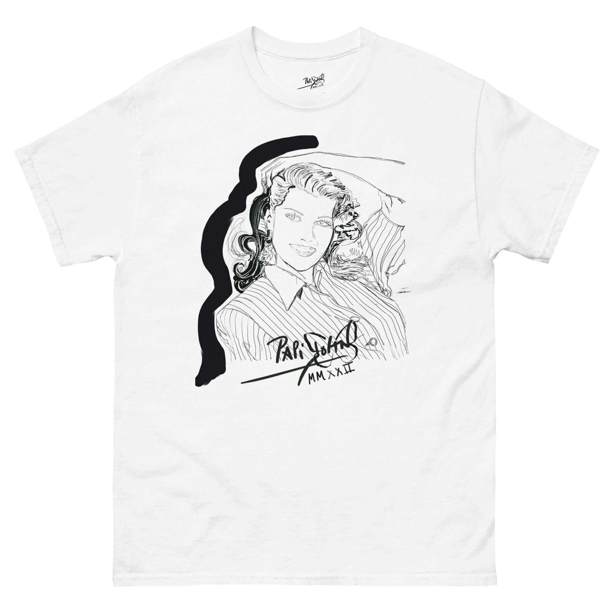 PapiJohn® 🏛️ Sala 8 | Hollywood Diva | Ballpoint Candid Piece — Front view of the White Canvas Tee. Featuring an intimate ballpoint pen sketch by $arah Free 💎 of a legendary Hollywood diva in a candid pose. The delicate Jessica waves and stripes are boldly framed by a solid black half-graffiti arc. High-end conscious honest luxury streetwear curated in Cadifornia.