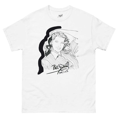 PapiJohn® 🏛️ Sala 8 | Hollywood Diva | Ballpoint Candid Piece — Front view of the White Canvas Tee. Featuring an intimate ballpoint pen sketch by $arah Free 💎 of a legendary Hollywood diva in a candid pose. The delicate Jessica waves and stripes are boldly framed by a solid black half-graffiti arc. High-end conscious honest luxury streetwear curated in Cadifornia.