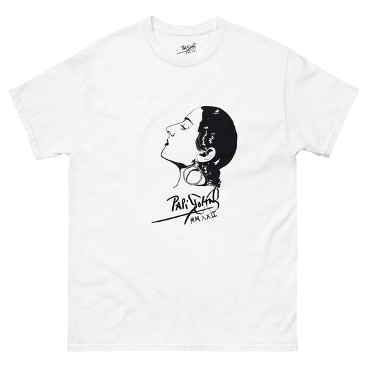 PapiJohn® 🏛️ Sala 8 | Spain Diva: Lola | Velvet-Graff Piece — Front view of the White Canvas Tee. Featuring a serene, single-line graffiti profile of the legendary Lola Flores in her youth by $arah Free 💎. A masterful tribute to the peaceful strength and velvet core of a Spanish legend. High-end conscious luxury streetwear d'auteur curated in Cadifornia.