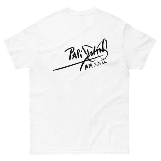 PapiJohn® 🏛️ Sala 8 | Spain Diva: Lola | Velvet-Graff Piece — Back view of the White Canvas Tee. Anchored by the classic PapiJohn® icon signature boldly placed on the upper back. A clean, minimalist cotton canvas that completes this honest luxury tribute to the wildest fire of Spain, designed for the real ones.