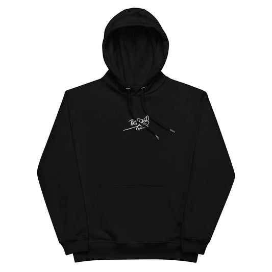 PapiJohn® 🏛️ Sala 9 | Centered Signature | Premium Eco-Canvas — Front view of the heavy black canvas hoodie. Featuring the classic PapiJohn® signature beautifully sculpted in high-density embroidery at the exact visual center. The axis of equilibrium and conscious art, representing pure streetwear d'auteur curated in the Cadifornia bunker.