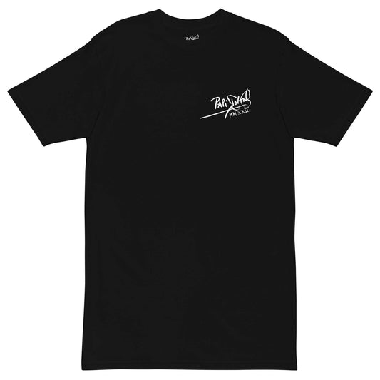 PapiJohn® 🏛️ Sala 9 | Classic Signature | Icon Noir Canvas — Front view of the Black Canvas Tee. Featuring the iconic pure white PapiJohn® classic signature graphic on deep black heavy cotton canvas by $arah Free 💎. High-end conscious luxury streetwear de autor curated in Cadifornia.