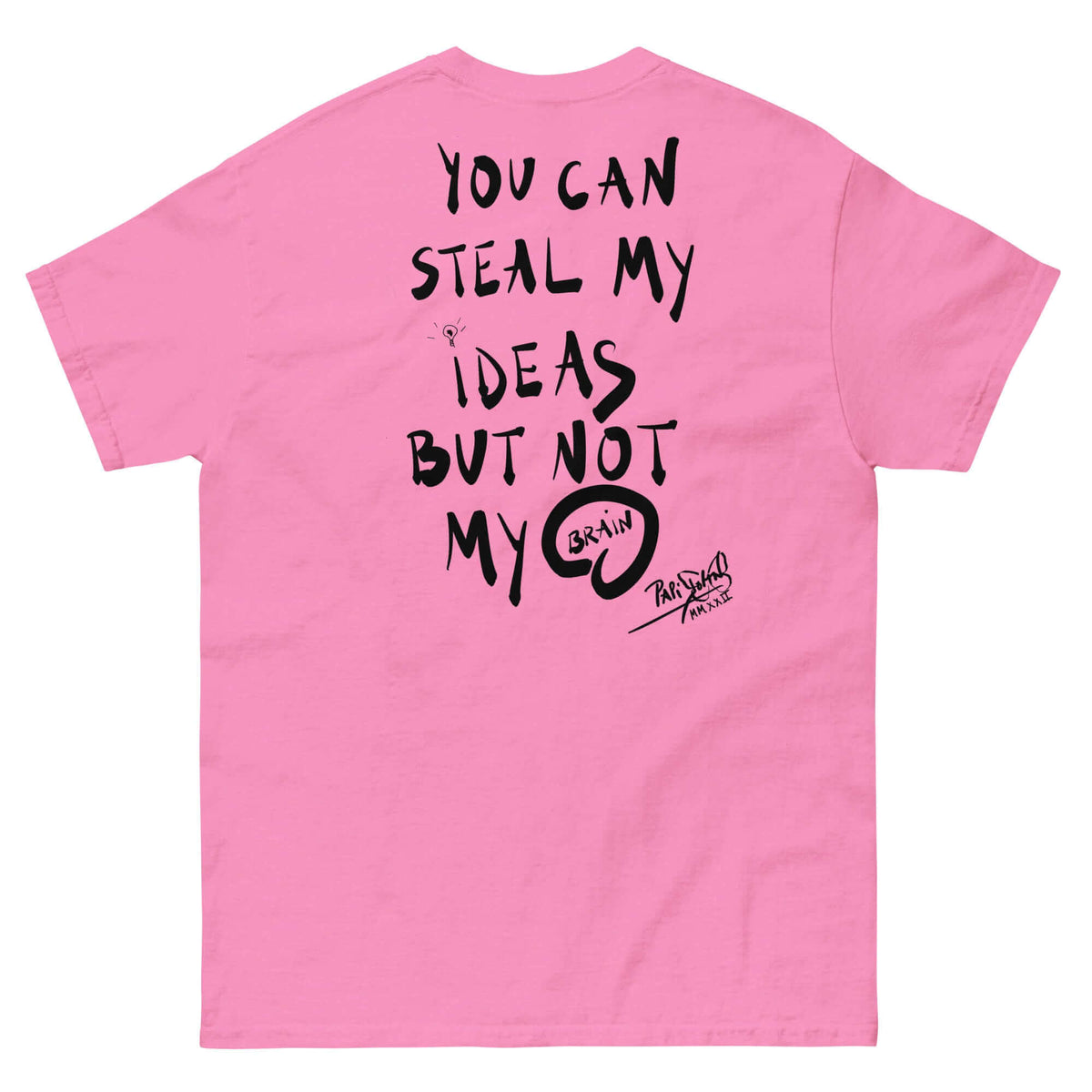 PapiJohn® 🏛️ Sala 9 | The Creative Mind | Manifesto Piece — Back view of the Azalea Pink Canvas. Featuring the raw black graffiti ink manifesto and hand-drawn brain graphic by $arah Free 💎 against a striking pink backdrop.
