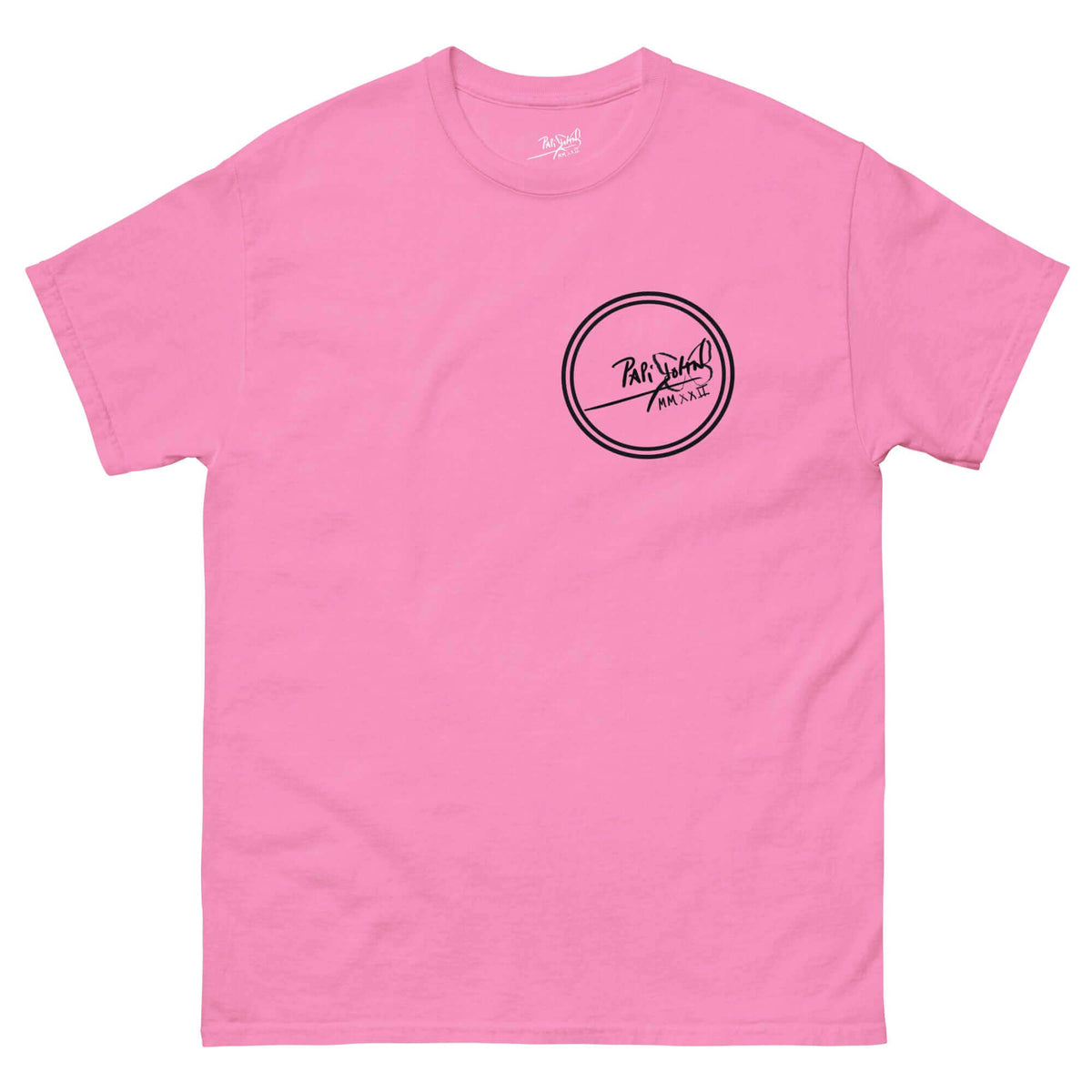 PapiJohn® 🏛️ Sala 9 | The Creative Mind | Manifesto Piece — Front view of the Azalea Pink Canvas Tee with the classic Round Logo archive seal.