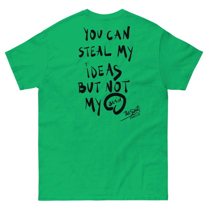 PapiJohn® 🏛️ Sala 9 | The Creative Mind | Manifesto Piece — Back view of the Irish Green Canvas. The unapologetic "Not My Brain" manifesto in black graffiti ink by $arah Free 💎 jumps off the vibrant green fabric, crowned by the genius Lightbulb Signature.