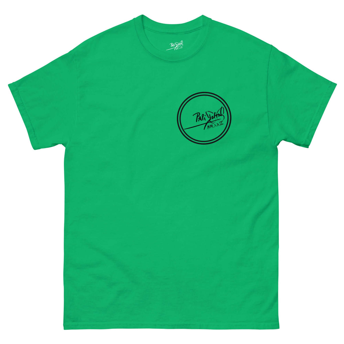 PapiJohn® 🏛️ Sala 9 | The Creative Mind | Manifesto Piece — Front view of the Irish Green Canvas Tee, anchored by the minimalist Round Logo on the chest.