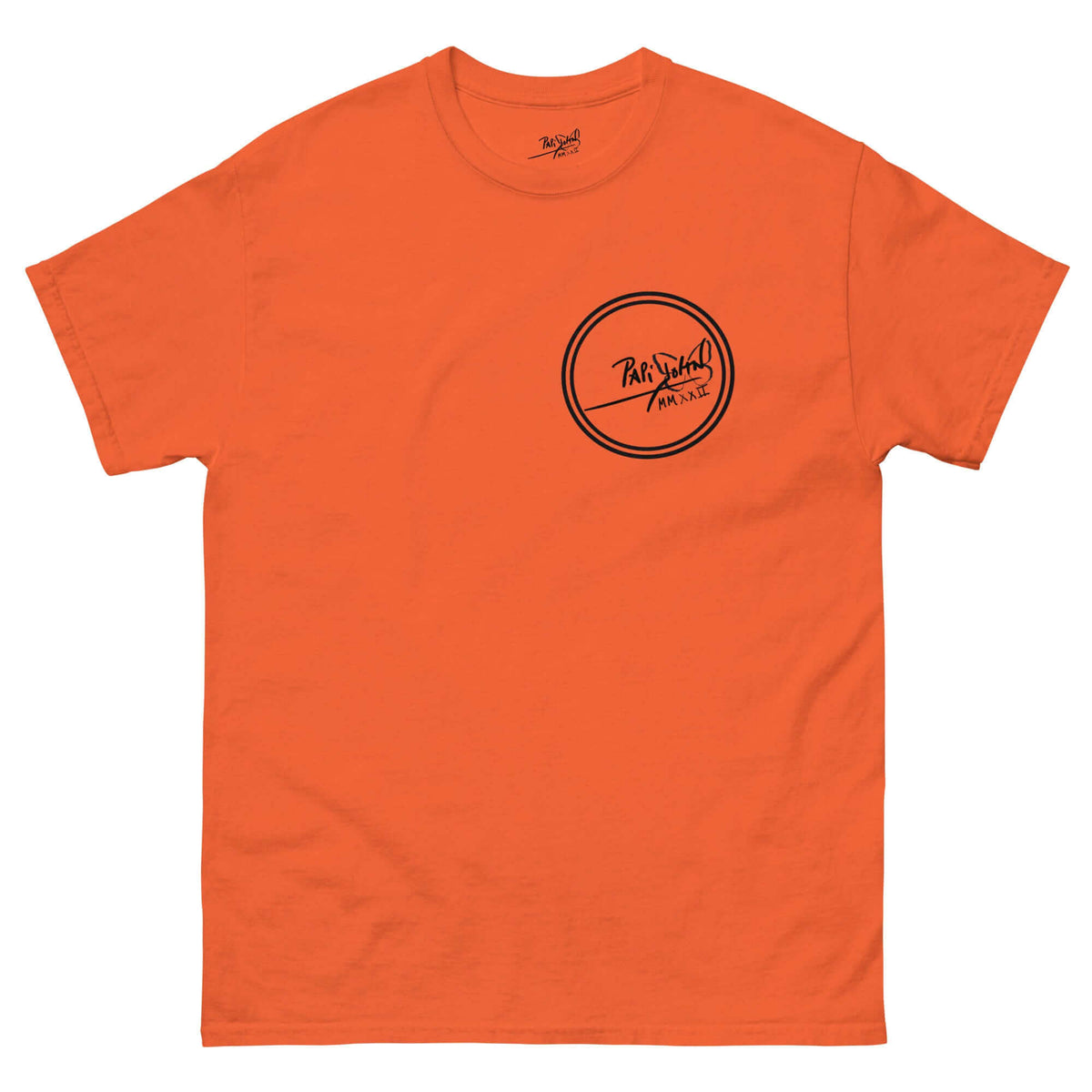 PapiJohn® 🏛️ Sala 9 | The Creative Mind | Manifesto Piece — Front view of the vibrant Orange Canvas Tee. Featuring the classic Round Logo on the left chest, providing an institutional balance to the conscious streetwear d'auteur curated in Cadifornia.