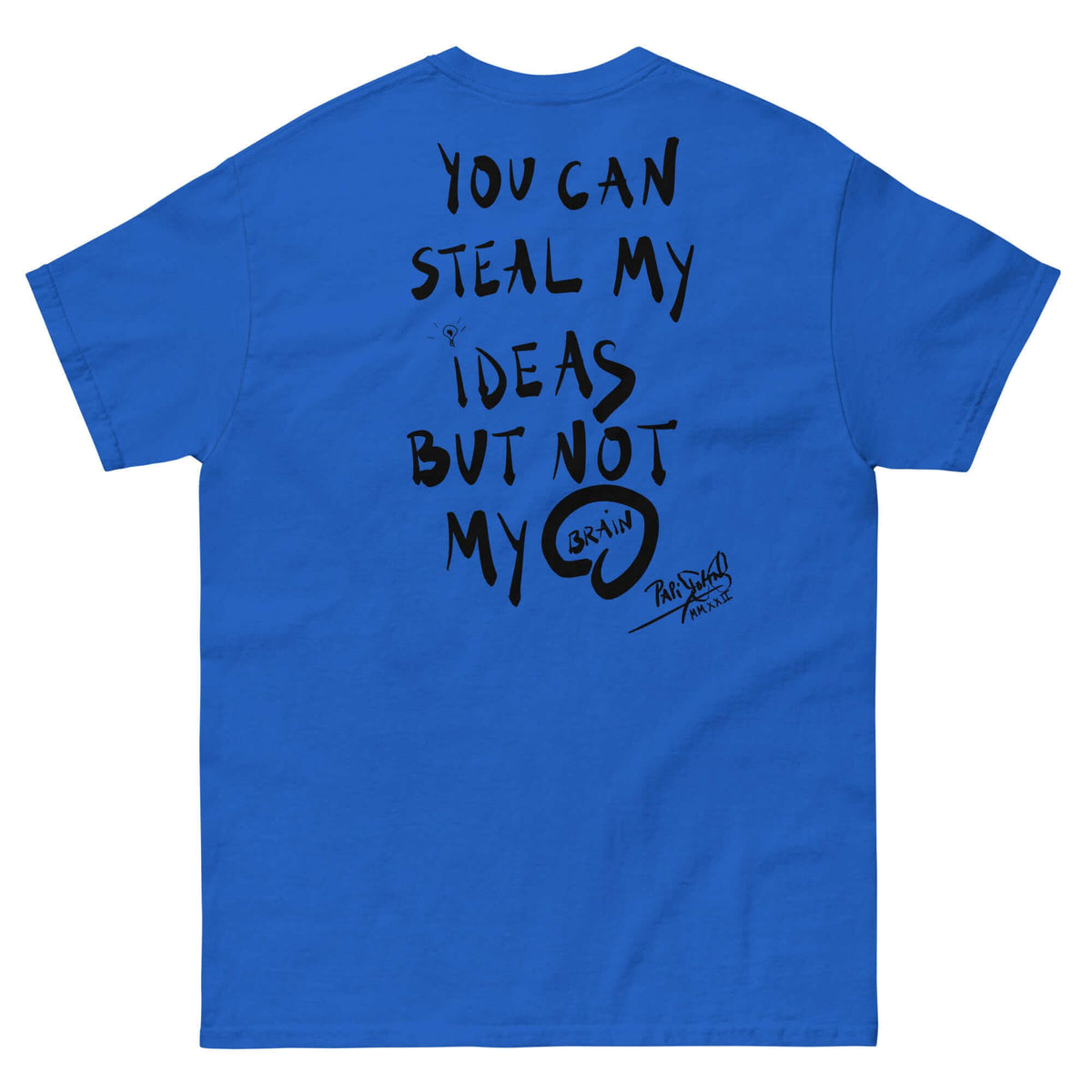 PapiJohn® 🏛️ Sala 9 | The Creative Mind | Manifesto Piece — Back view of the Royal Blue Canvas. Featuring visceral urban typography and a hand-drawn anatomical brain graphic by $arah Free 💎. Honest luxury streetwear celebrating original authorship.