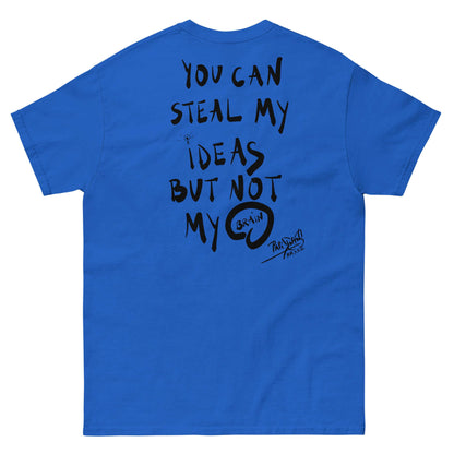 PapiJohn® 🏛️ Sala 9 | The Creative Mind | Manifesto Piece — Back view of the Royal Blue Canvas. Featuring visceral urban typography and a hand-drawn anatomical brain graphic by $arah Free 💎. Honest luxury streetwear celebrating original authorship.