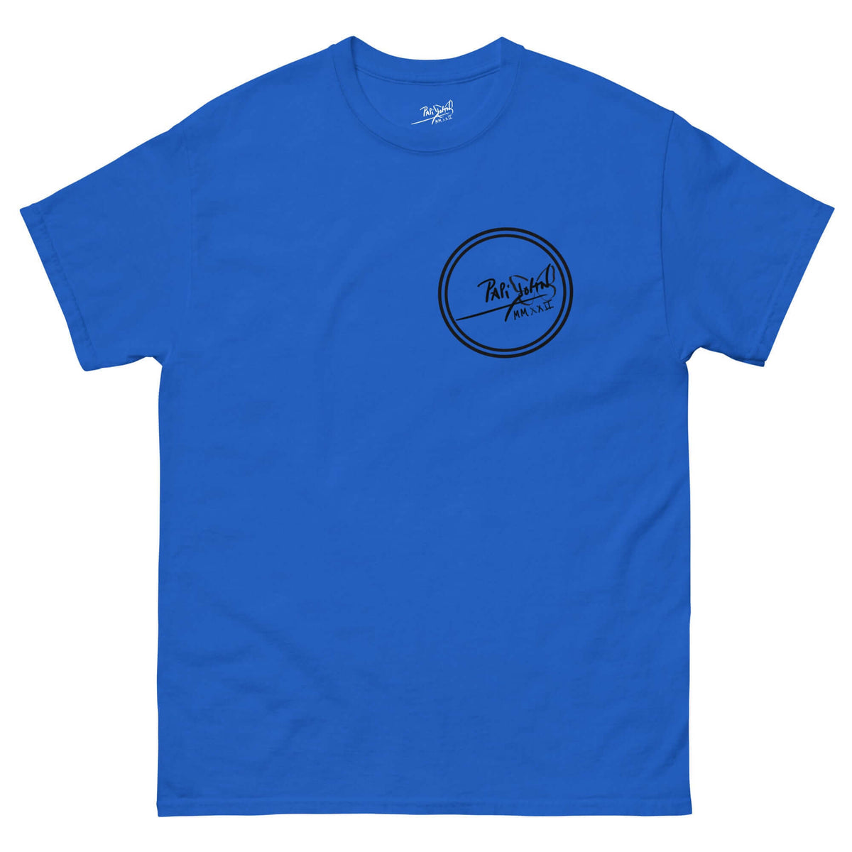 PapiJohn® 🏛️ Sala 9 | The Creative Mind | Manifesto Piece — Front view of the Royal Blue Canvas Tee. Displaying The Round Logo as an authentic archive seal on the left chest. Honest luxury apparel designed for real creative minds.