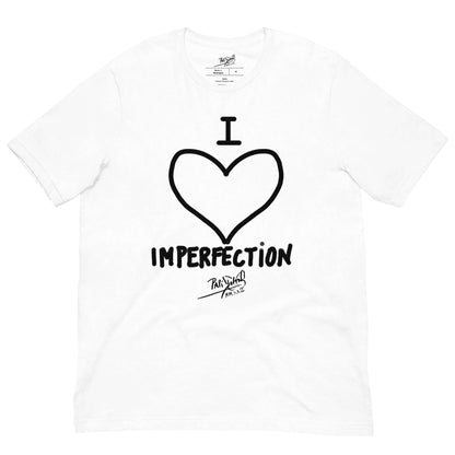 PapiJohn® 🏛️ Sala 9 | I Love Imperfection | The Human Canvas — Front view of the immaculate White Canvas Tee. Featuring an unperfect souvenir design by $arah Free 💎, showcasing a hand-drawn heart and raw graffiti script replacing the traditional city with "IMPERFECTION". A subversive honest luxury manifesto celebrating authenticity, curated in Cadifornia.