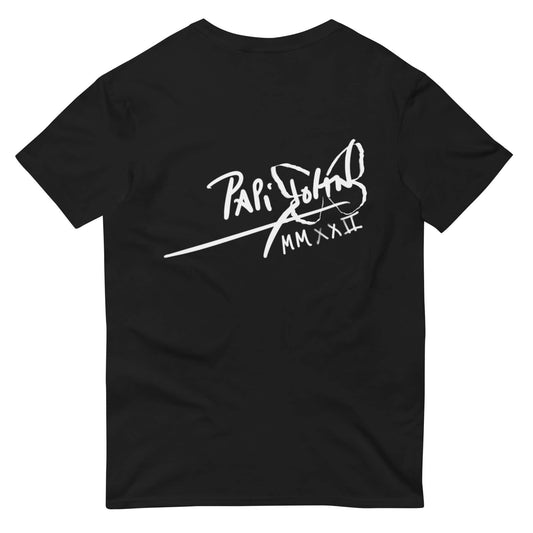 PapiJohn® 🏛️ Sala 9 | The Jariwey Crossroad | Spooky Identity Canvas — Back view of the Black Canvas Tee. Displaying the classic PapiJohn® icon signature boldly placed on the upper back. A clean, dark canvas that completes this culturally ironic and spooky honest luxury archive piece, designed for the real ones in Cadifornia.