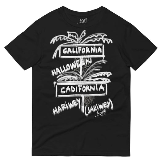 PapiJohn® 🏛️ Sala 9 | The Jariwey Crossroad | Spooky Identity Canvas — Front view of the Black Canvas Tee. Featuring "The Jariwey Signpost" by $arah Free 💎, a hand-sketched optical white artwork on deep black cotton. Showcasing a spooky crossroad with California and Cadifornia signs, palm trees, subtle cobwebs, and a cultural linguistic twist honoring "Hariwey". High-end honest luxury streetwear d'auteur.