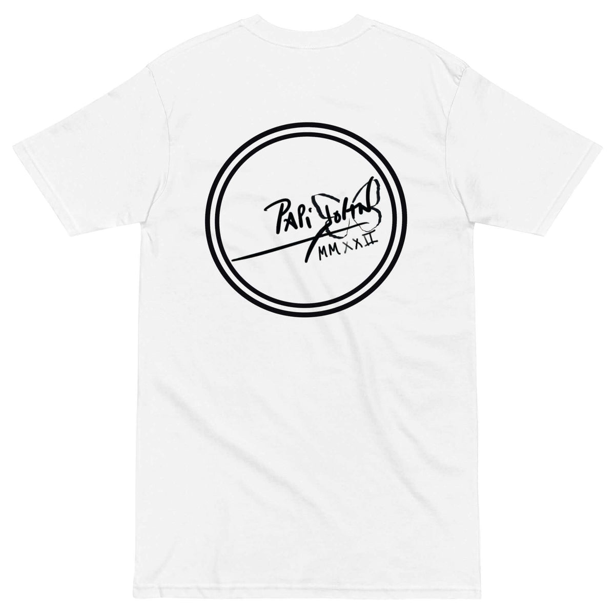 PapiJohn® 🏛️ Sala 9 | Round Logo | Classic White Canvas — Back view of the pristine White Canvas Tee. Showcasing the expanded circular house seal in pure black by $arah Free 💎, commanding presence against the bright cotton canvas. A masterpiece of transparency, balance, and contemporary legacy for the real ones.