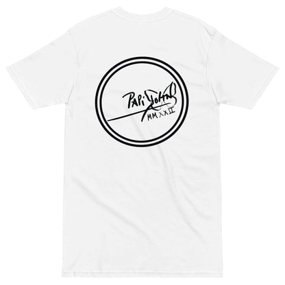 PapiJohn® 🏛️ Sala 9 | Round Logo | Classic White Canvas — Back view of the pristine White Canvas Tee. Showcasing the expanded circular house seal in pure black by $arah Free 💎, commanding presence against the bright cotton canvas. A masterpiece of transparency, balance, and contemporary legacy for the real ones.