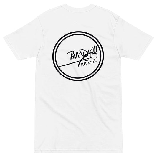 PapiJohn® 🏛️ Sala 9 | Round Logo | Classic White Canvas — Back view of the pristine White Canvas Tee. Showcasing the expanded circular house seal in pure black by $arah Free 💎, commanding presence against the bright cotton canvas. A masterpiece of transparency, balance, and contemporary legacy for the real ones.