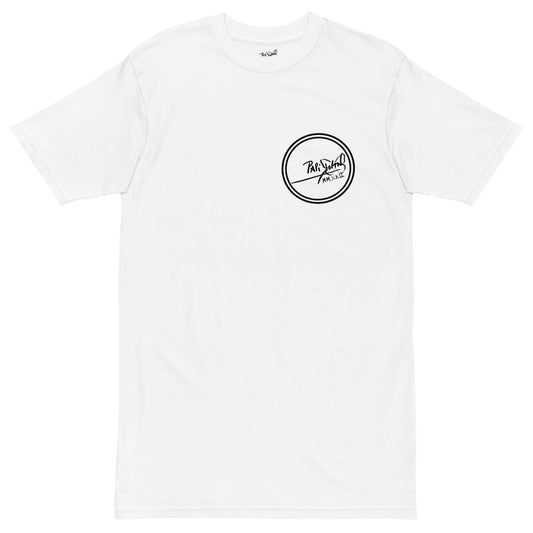 PapiJohn® 🏛️ Sala 9 | Round Logo | Classic White Canvas — Front view of the immaculate White Canvas Tee. Featuring the heraldic house round logo in bold black on the left chest. The absolute core of visual identity, representing honest luxury and streetwear d'auteur curated in the Cadifornia bunker.