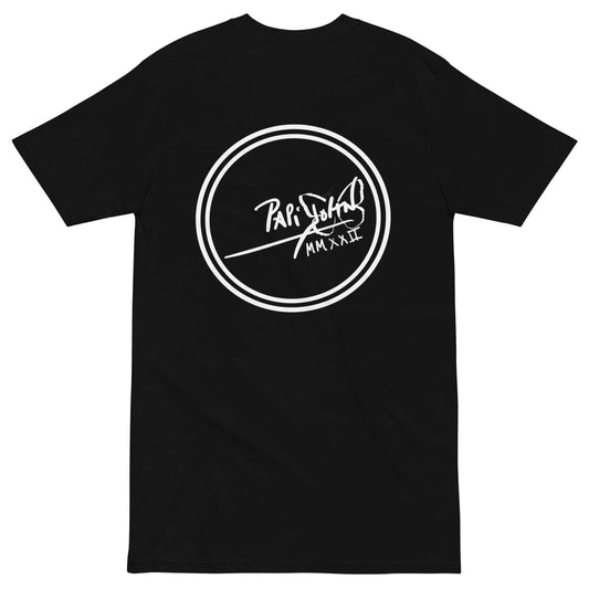 PapiJohn® 🏛️ Sala 9 | Round Logo | Noir Street Canvas — Back view of the heavy-weight Black Canvas Tee. Showcasing the expanded circular house seal in pure white by $arah Free 💎, commanding geometric symmetry and raw power against the dark cotton. Authentic streetwear d'auteur designed for the real ones who own the night.