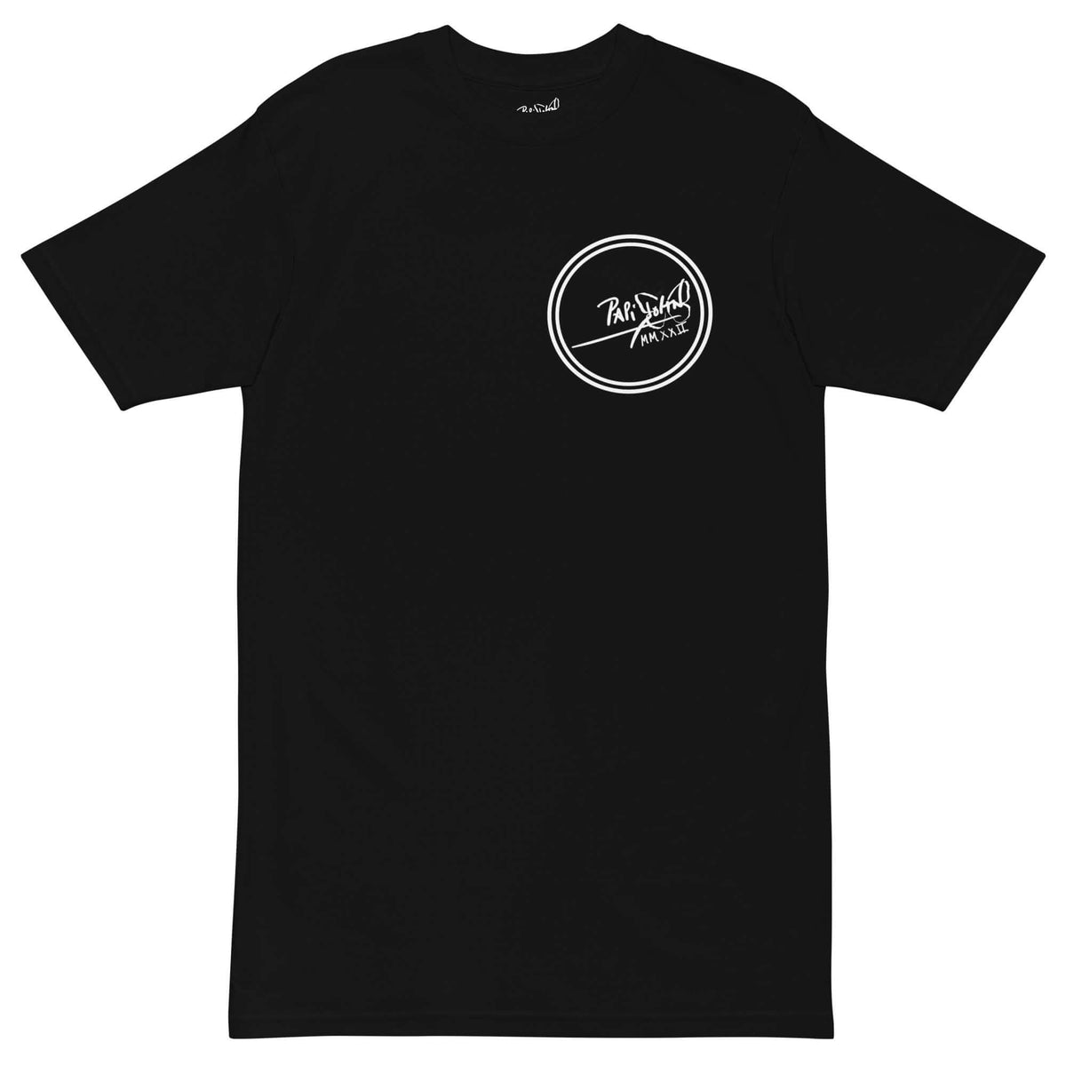 PapiJohn® 🏛️ Sala 9 | Round Logo | Noir Street Canvas — Front view of the absolute Black Canvas Tee. Featuring the iconic heraldic house round logo in pure white on the left chest. A radical high-contrast statement of honest luxury and global streetstyle curated in the Cadifornia bunker.