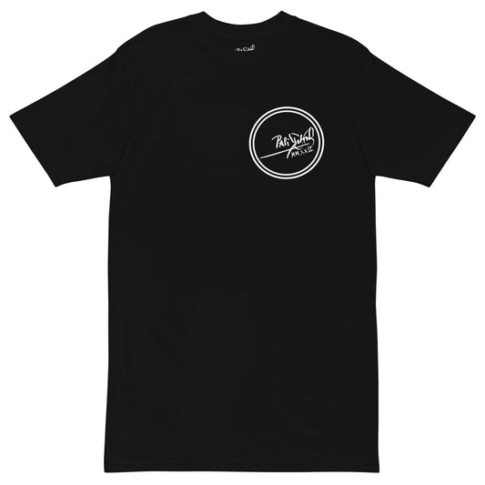 PapiJohn® 🏛️ Sala 9 | Round Logo | Noir Street Canvas — Front view of the absolute Black Canvas Tee. Featuring the iconic heraldic house round logo in pure white on the left chest. A radical high-contrast statement of honest luxury and global streetstyle curated in the Cadifornia bunker.
