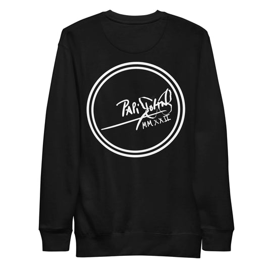 PapiJohn® 🏛️ Sala 9 | Round Logo | Premium Noir Canvas — Back view of the premium black crewneck. Showcasing the expanded circular house seal in pure white by $arah Free 💎, commanding presence against the dense noir canvas. A contemporary classic blending technical warmth with pure graphic power for the real ones.