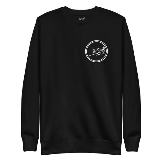 PapiJohn® 🏛️ Sala 9 | Round Logo | Premium Noir Canvas — Front view of the premium black crewneck. Featuring the heraldic house round logo in pure white on the left chest. Crafted from high-fidelity fleece, this geometric authority represents authentic honest luxury and streetwear d'auteur curated in the Cadifornia bunker.